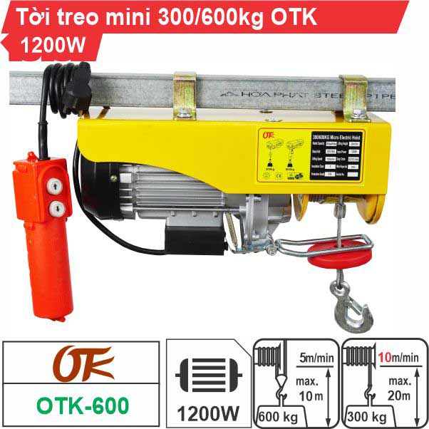 Tời điện OTK mini tải trọng 300kg/600kg công suất 1200W sử dụng điện 220V bảo hành 6 tháng