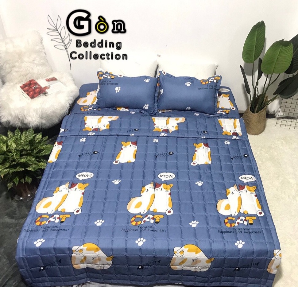 Bộ Chăn Ga Gối Cotton Poly , Mèo Đôi , Chất Liệu Thoáng Mát , Kích Cỡ Đa Dạng , By. Gòn