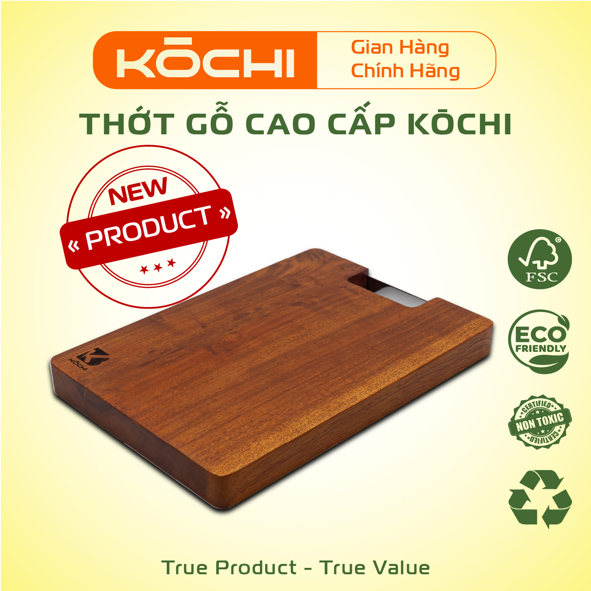 Thớt gỗ xà cừ KŌCHI hình chữ nhật tay cầm Inox Gỗ tự nhiên - Kiểm định Không hóa chất độc hại - Sấy khô kháng khuẩn