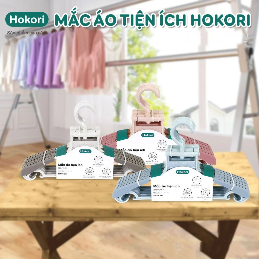 Mắc áo nhựa, Mắc phơi quần áo nhựa tiện ích có thể chỉnh kích thước vai hokori Viêt Nhật sét 5 cái