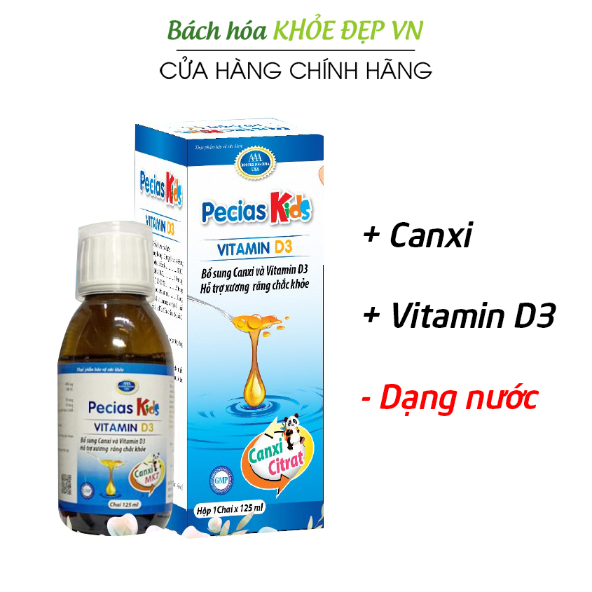 Pecias Kids siro canxi vitamin D3 vitamin K2 dạng nước cho bé giúp xương răng chắc khỏe - Chai 125ml
