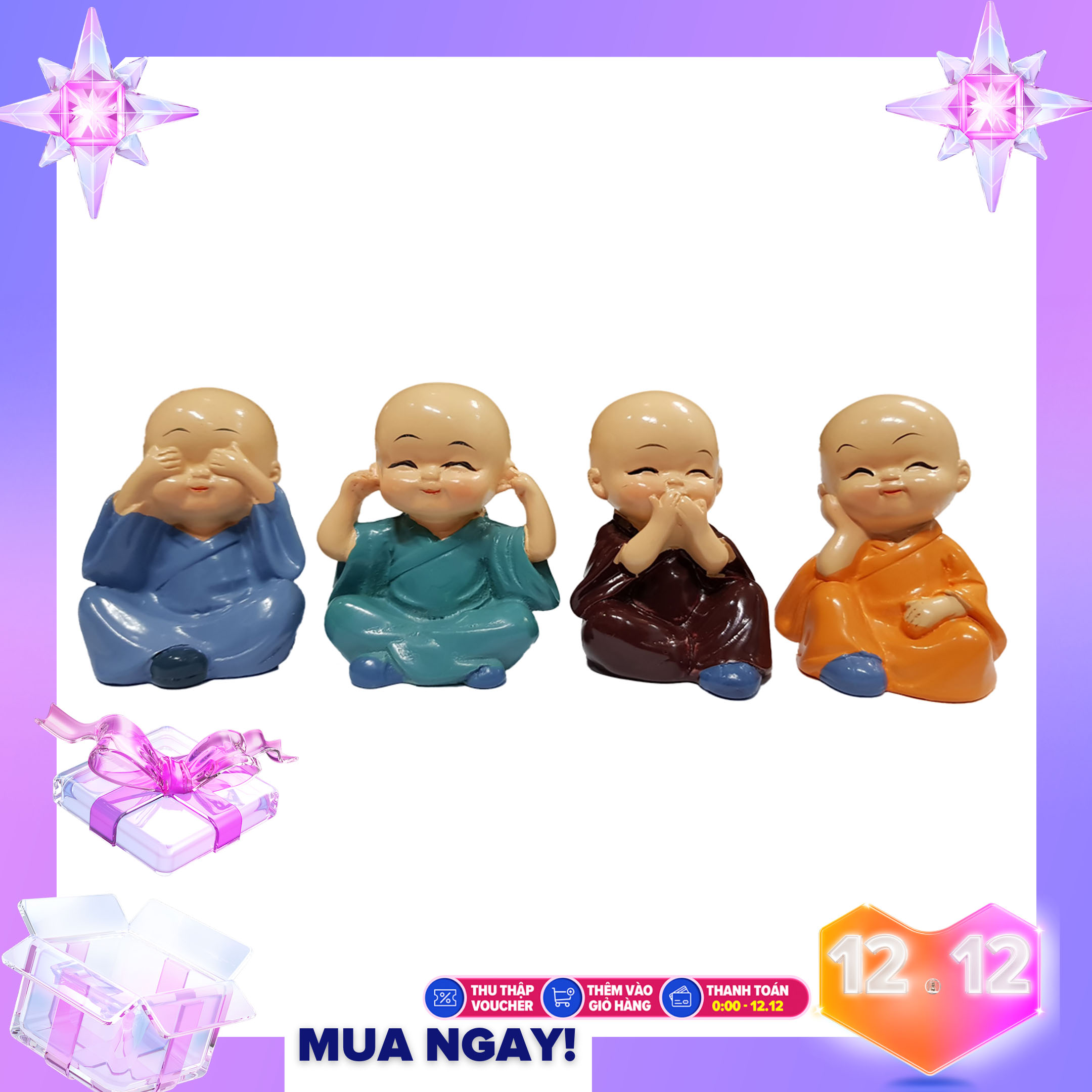 Bộ tượng chú tiểu tứ không trang trí trên xe hơi, phòng khách - Tặng kèm miếng dán 3M
