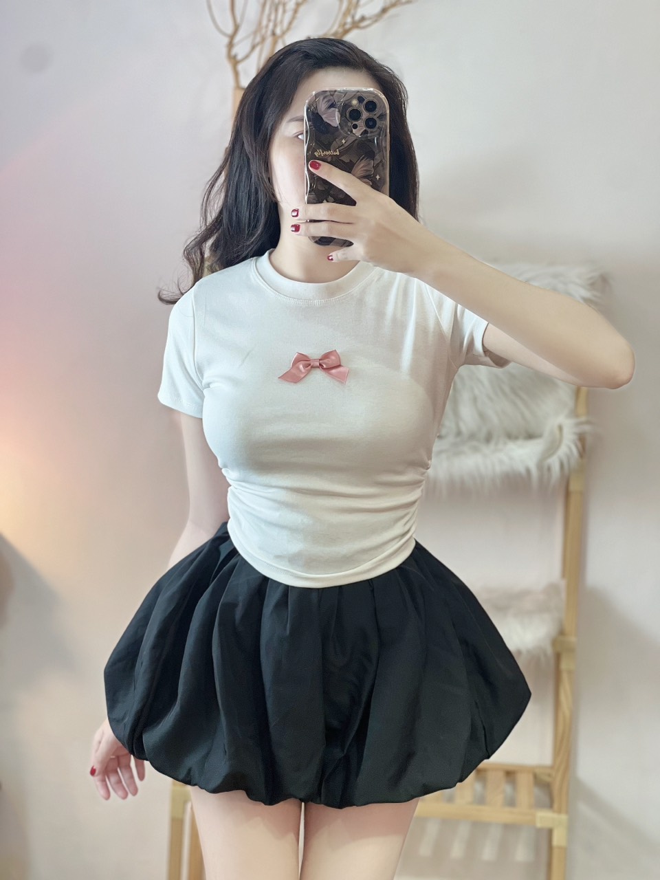 [HCM]Set áo thun cổ tròn đính nơ nhún hông hai bên quấn bí vải kate 2 lớp lưng thun dáng xinh TU