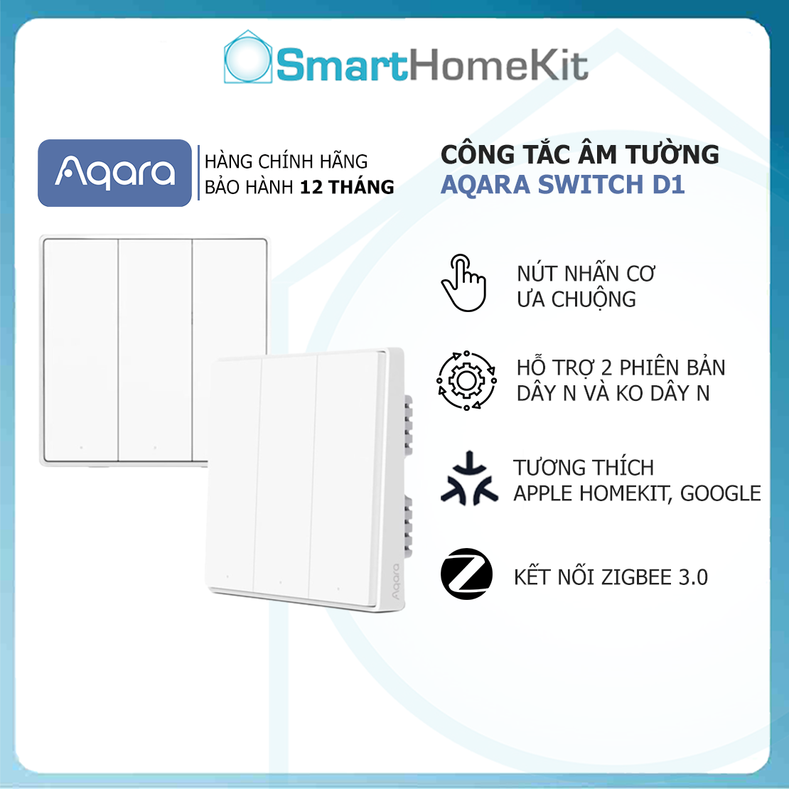 [QUỐC TẾ] Công tắc thông minh Aqara D1 Smart Switch, điều khiển từ xa, lên lịch, hẹn giờ bằng Aqara app - Bảo Hành 1 Năm - Hàng Chính Hãng