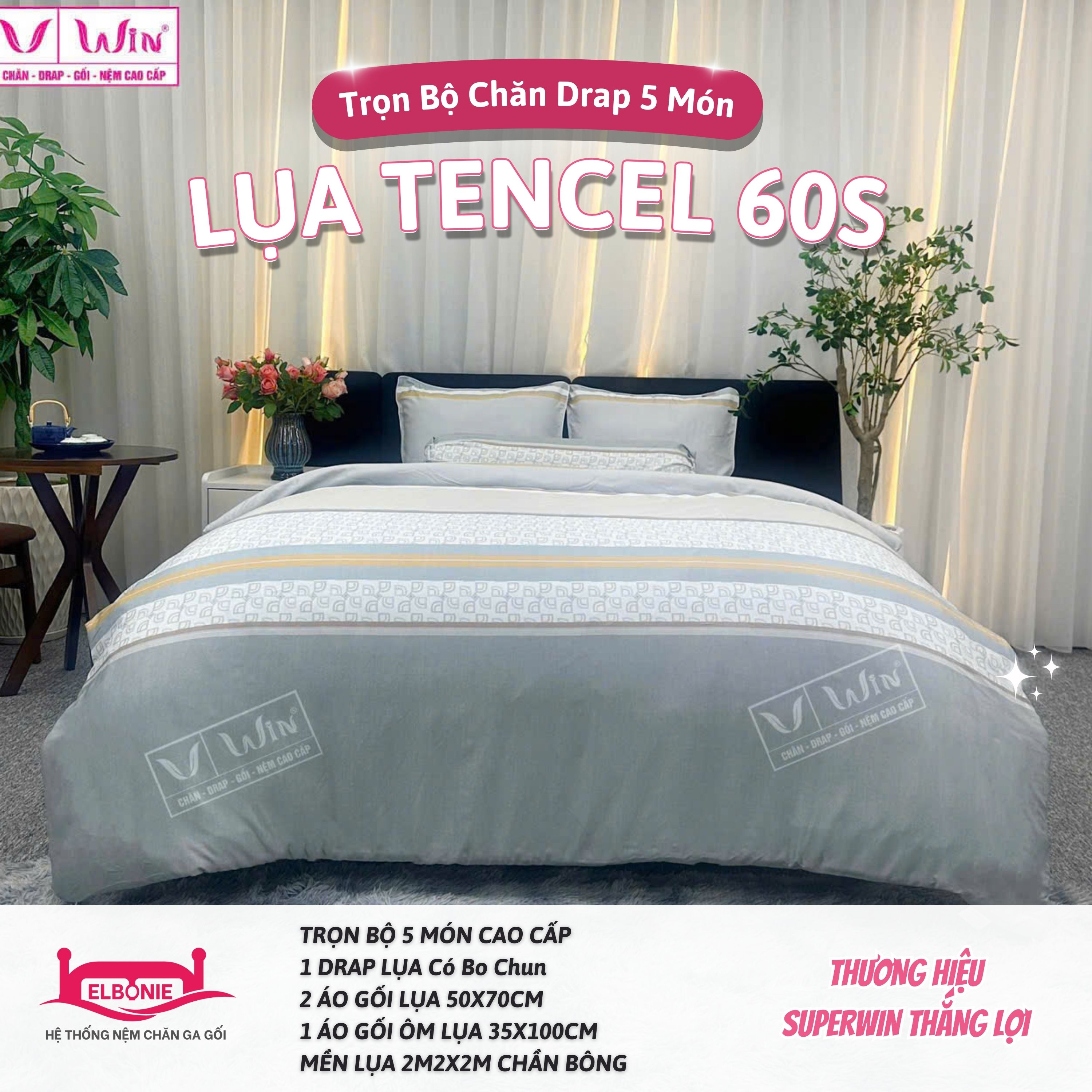 Bộ Mền Drap Lụa Cao Cấp Tencel 60s SuperWin Thắng Lợi, Bộ Chăn Ga Giường Cao Cấp 5 Món Lụa cao cấp m