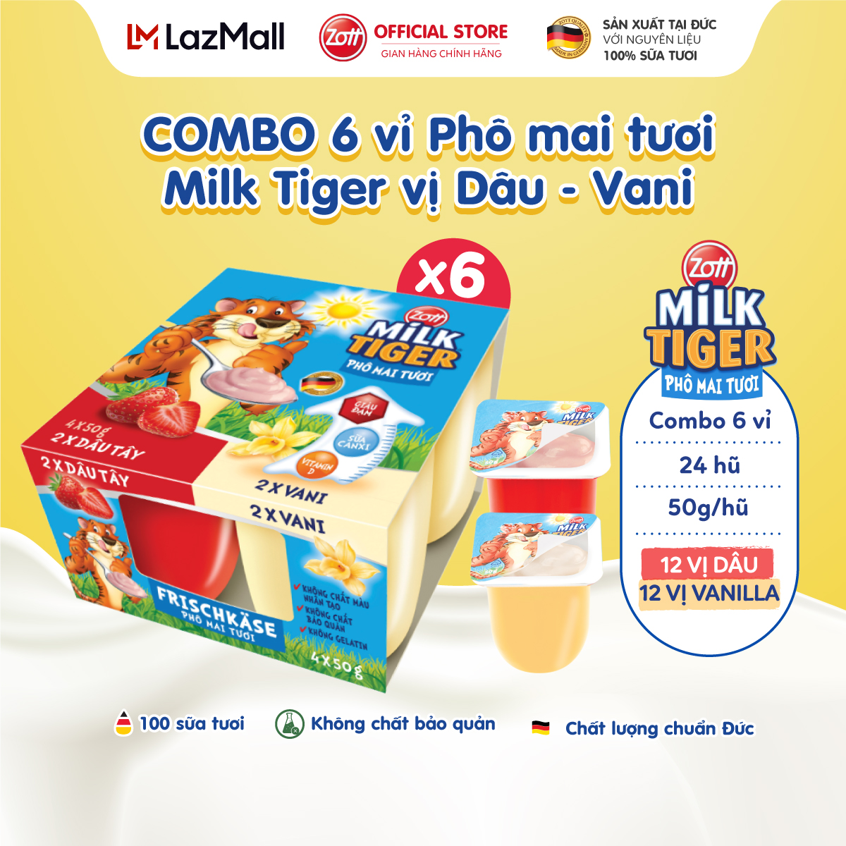 COMBO 6 vỉ Phô mai tươi Zott Milk Tiger vị Dâu - Vani nhập khẩu từ Đức