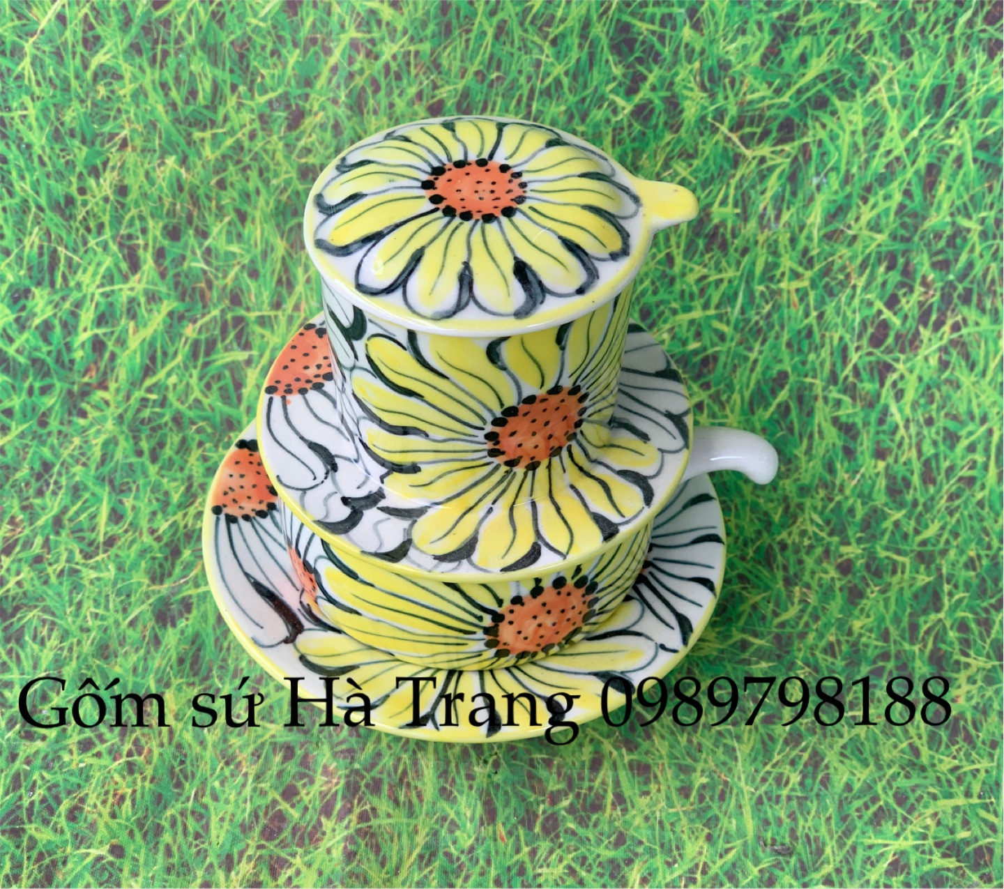 Phin pha cafe gốm sứ Bát Tràng cao cấp không chì vẽ hoa hướng dương