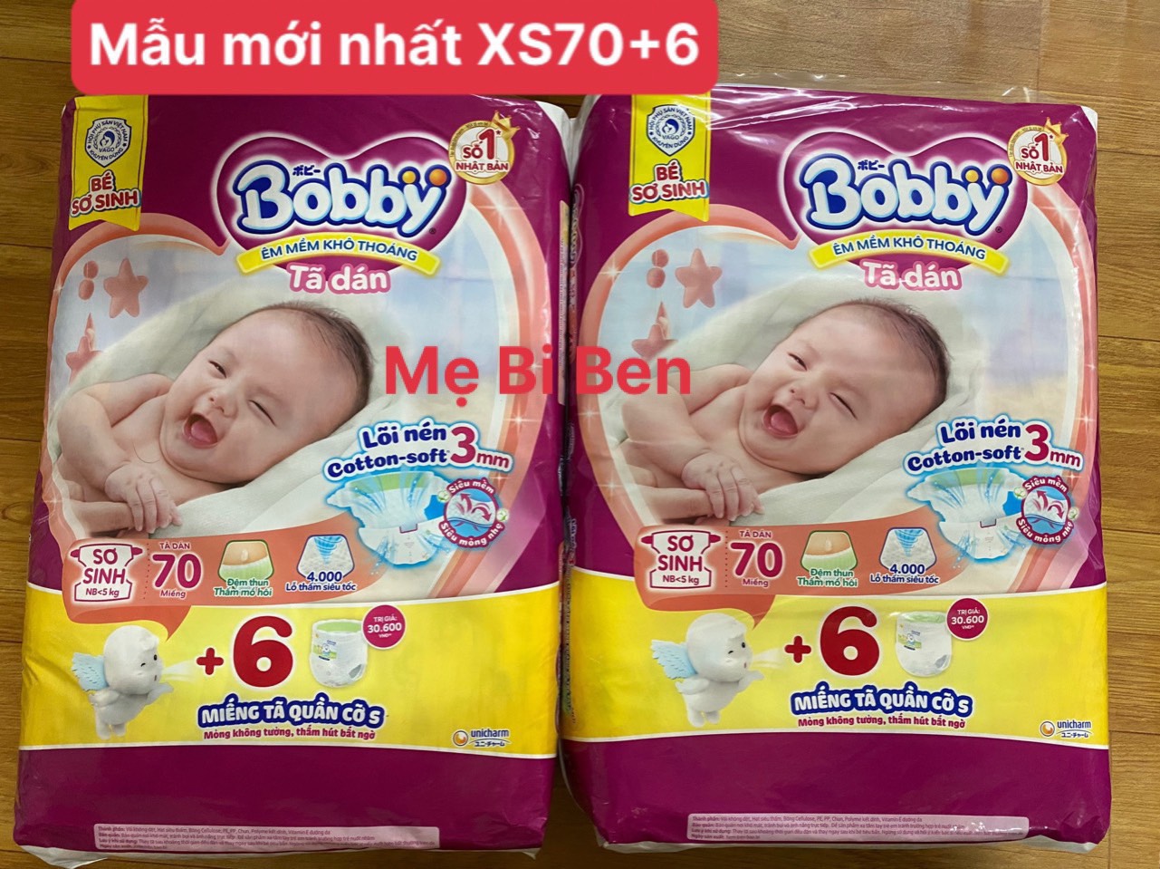 [HÀNG KÈM 6M] Combo 2 Gói Tã Dán Bobby Every Đệm Thun Thấm Mồ Hôi Size XS70 miếng - cho bé dưới 5kg