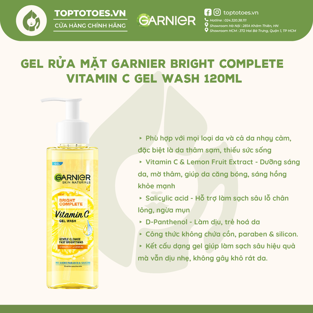 Gel rửa mặt Vitamin C sạch sâu dịu nhẹ dưỡng sáng da Garnier Bright Complete Vitamin C Gel Wash 120ml