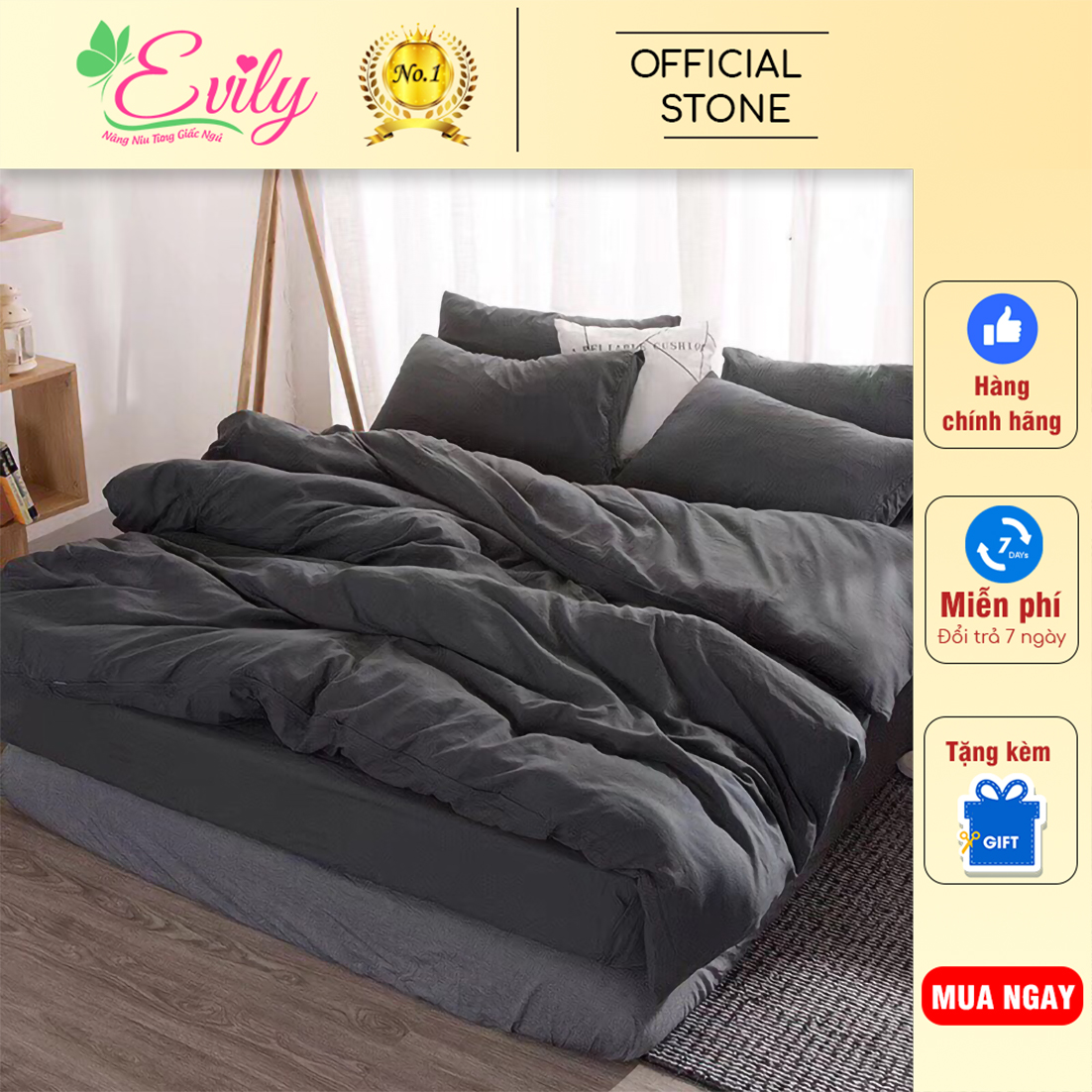 Trọn Bộ Chăn Ga Gối Mền ( 4 Món) Đũi Tông Màu Đơn Sắc. Thương Hiệu EVILY. MÀU XÁM TRO Siếu Cấp Êm Ái Mềm Mịn. Chăn Ga Gia Đình. Khách Sạn. Mã OPA014