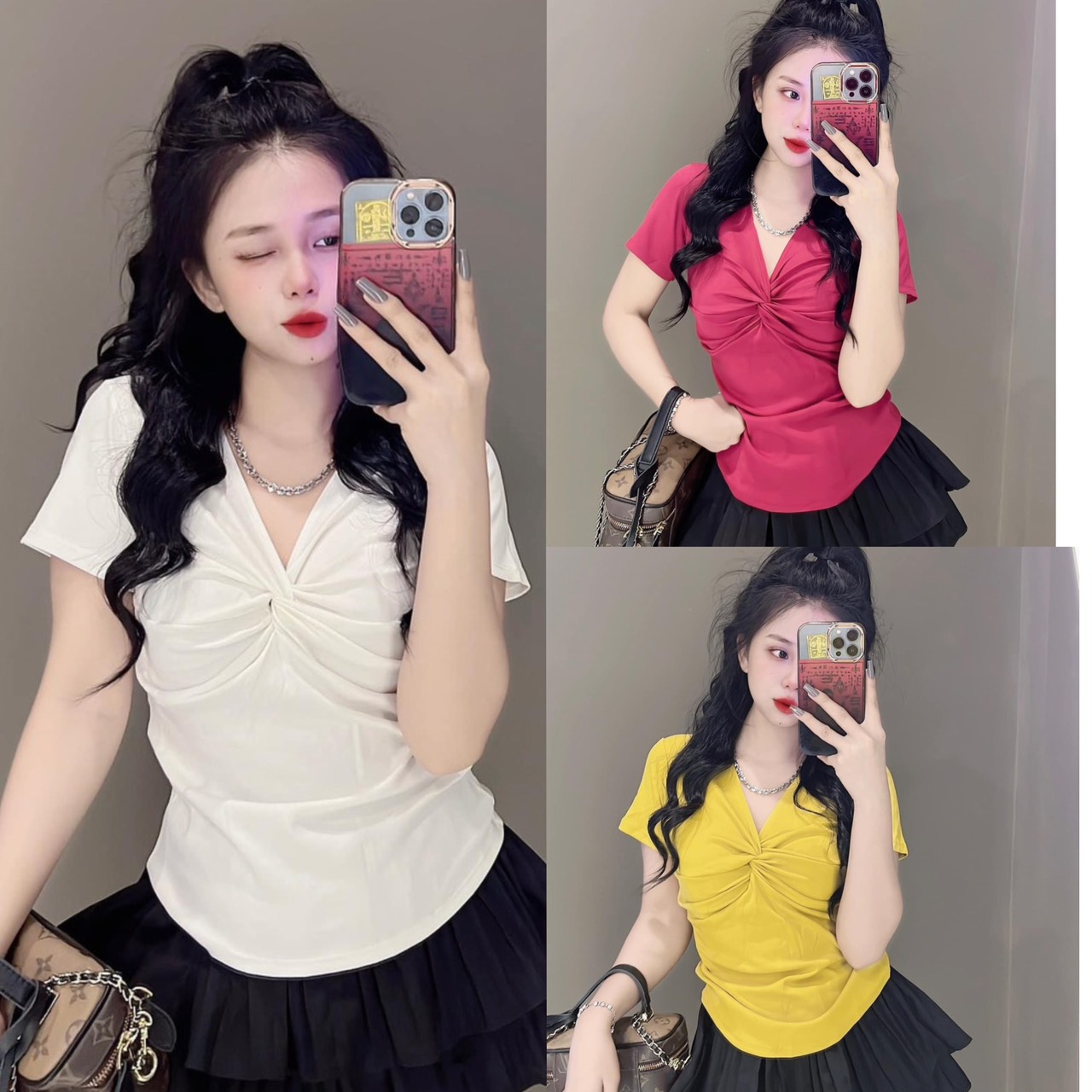 Áo thun ôm body nữ xoắn ngực tay ngắn