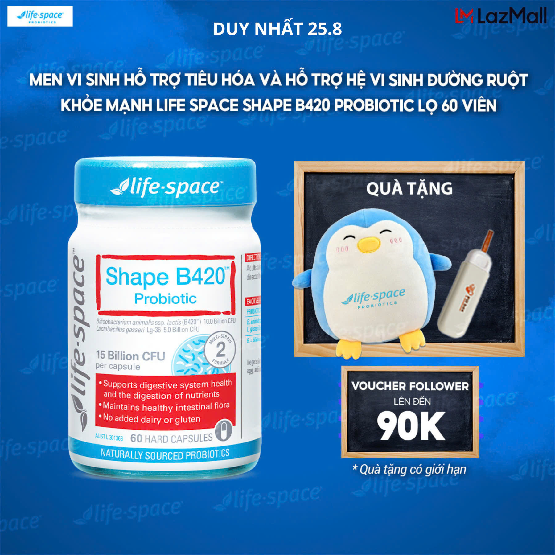 Men vi sinh hỗ trợ tiêu hóa và hỗ trợ hệ vi sinh đường ruột khỏe mạnh Life Space Shape B420 Probiotic lọ 60 viên