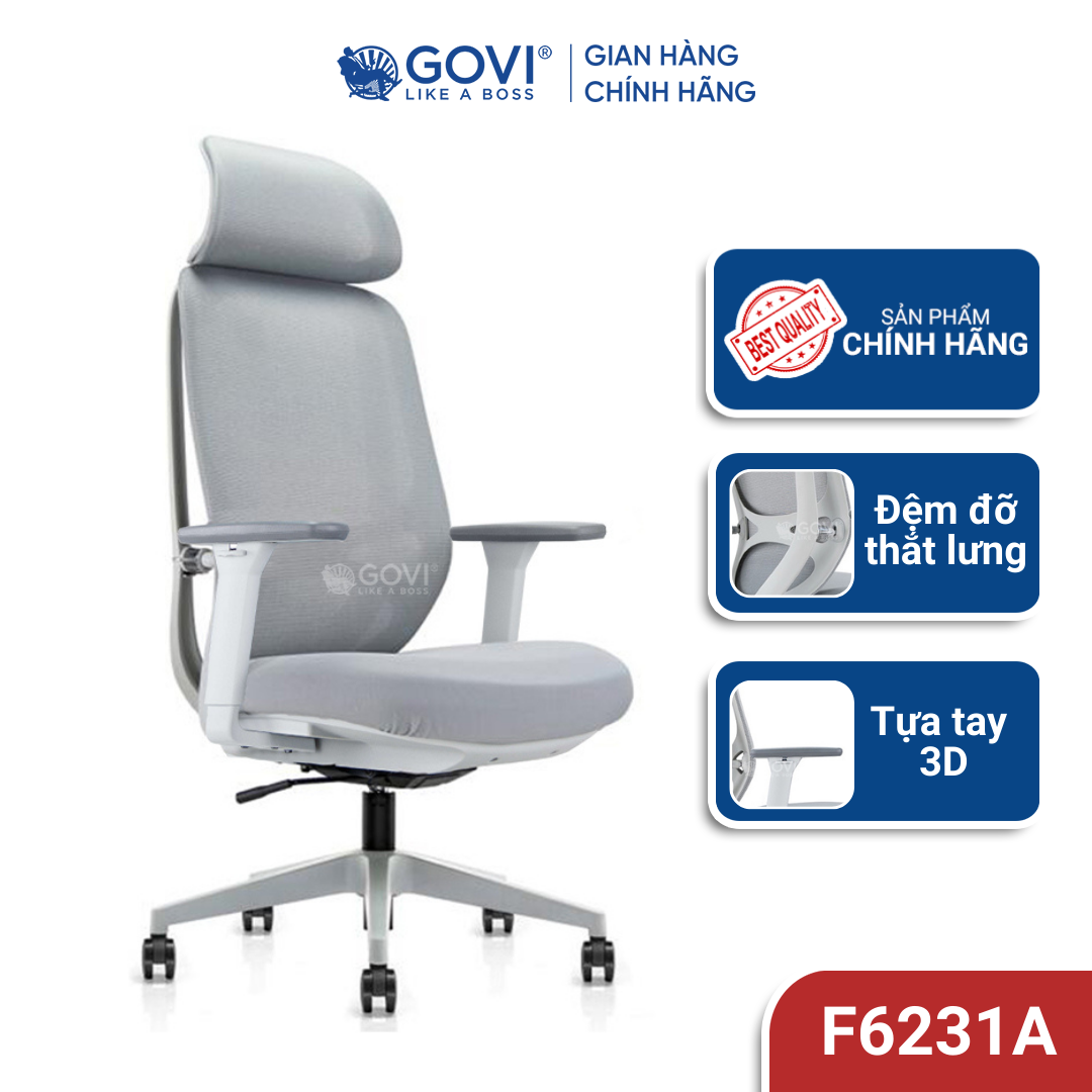 Ghế công thái học Ergonomic GOVI Felix F6231A - Thiết kế tựa đầu điều chỉnh độ cao, tựa tay 3D nâng hạ, mâm ghế ngả 135 độ, khóa cố định 2 vị trí, đệm đỡ thắt lưng điều chỉnh cao thấp