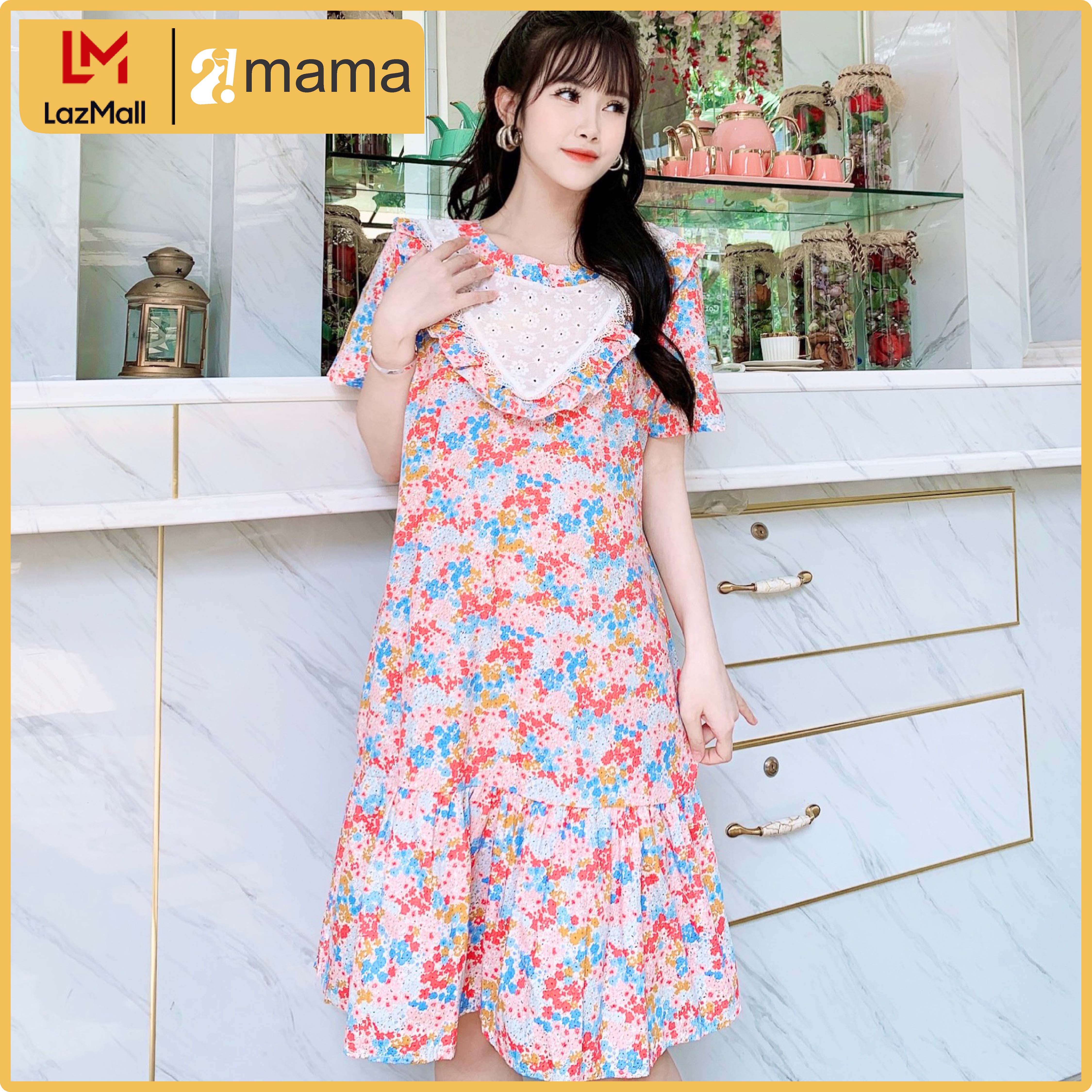 Đầm bầu công sở dự tiệc 2MAMA hoa nhí dáng xòe chất mềm mại V79