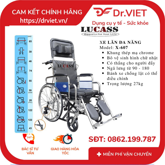 Xe lăn đa năng cao cấp Lucass X-607- Xe ngả nằm, bô hình chữ nhật, có thắng