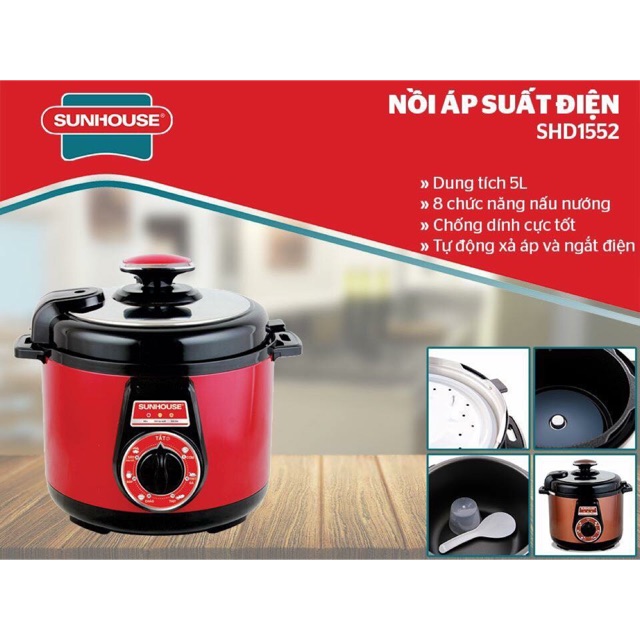 [HCM]Nồi áp suất điện SUNHOUSE SH1552 5Lít (Màu đỏ)