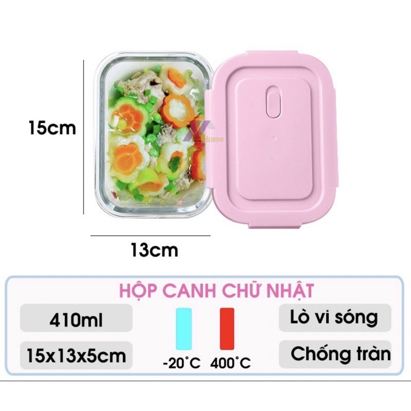 (410ml) Hộp Thuỷ Tinh Mang Cơm Size Nhỏ 410ml - Nắp Chống Tràn, Chịu Nhiệt - Hộp Đựng Thực Phẩm Mang Cơm Văn Phòng