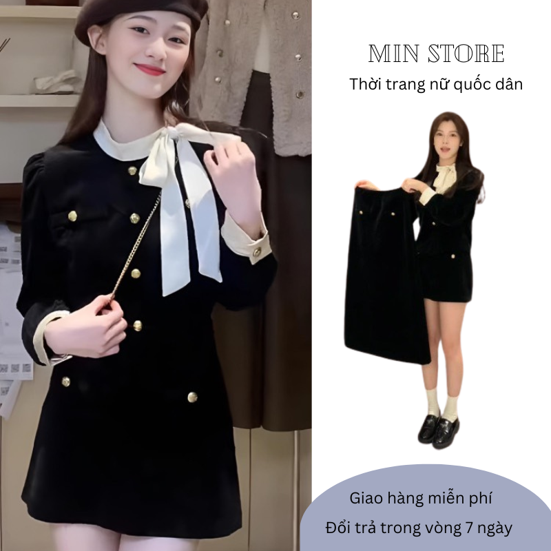 Set xinh nơ cổ trắng lệch pha áo kèm chân váy điệu đà - set nhung nơ cổ lệch dài tay tiểu thư siêu sang cho bạn gái