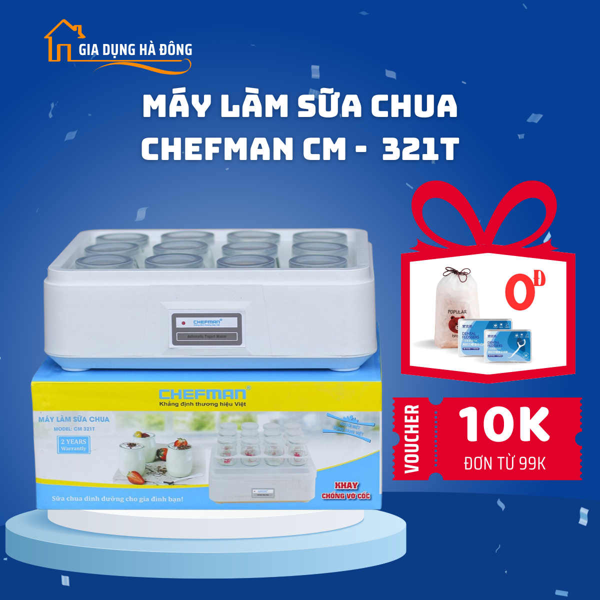 Máy làm sữa chua chính hãng Chefman CM-321, 12 cốc thủy tinh cao cấp, bảo hanh 12 tháng