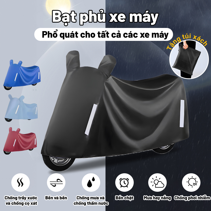 Bạt Phủ Xe Máy-Bạt phủ xe máy che nắng, che mưa, chống bụi có bọc trùm gương, Bạt che xe máy phản quang chất liệu dù cao cấp tặng túi