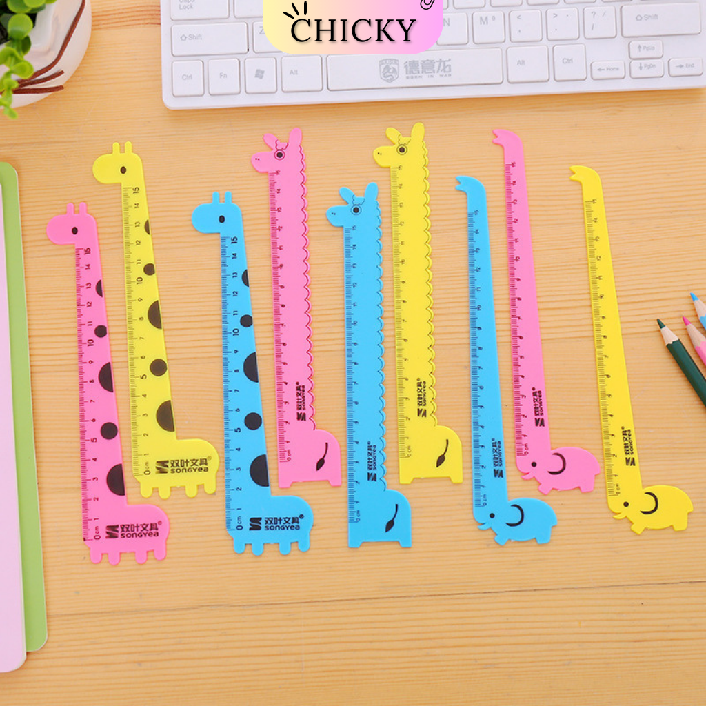 Thước kẻ học sinh CHICKY hình hươu cao cổ, voi ngộ nghĩnh dễ thương kích thước 15cm