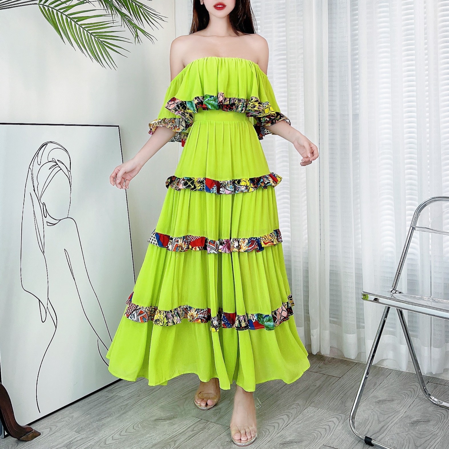 Đầm maxi nữ bèo tầng viền thổ cẩm mimix ch4260