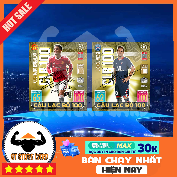 Set 2 Thẻ cầu thủ size Poca có chữ ký Messi và Ronaldo hiếm insert Match attax 2021/22 THẺ IN CUSTOM ST STORE CARD 115