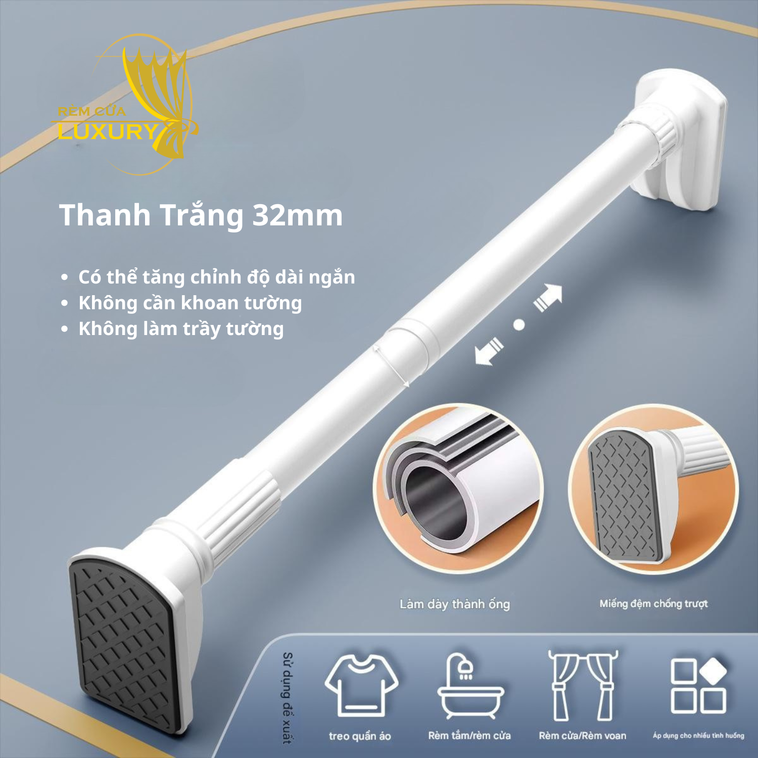 Thanh treo không khoan tường 32mm bản nâng cấp mới, nâng cấp đầu chụp dạng xoay cố định, tiện lợi không cần khoan treo rèm cửa, quần áo