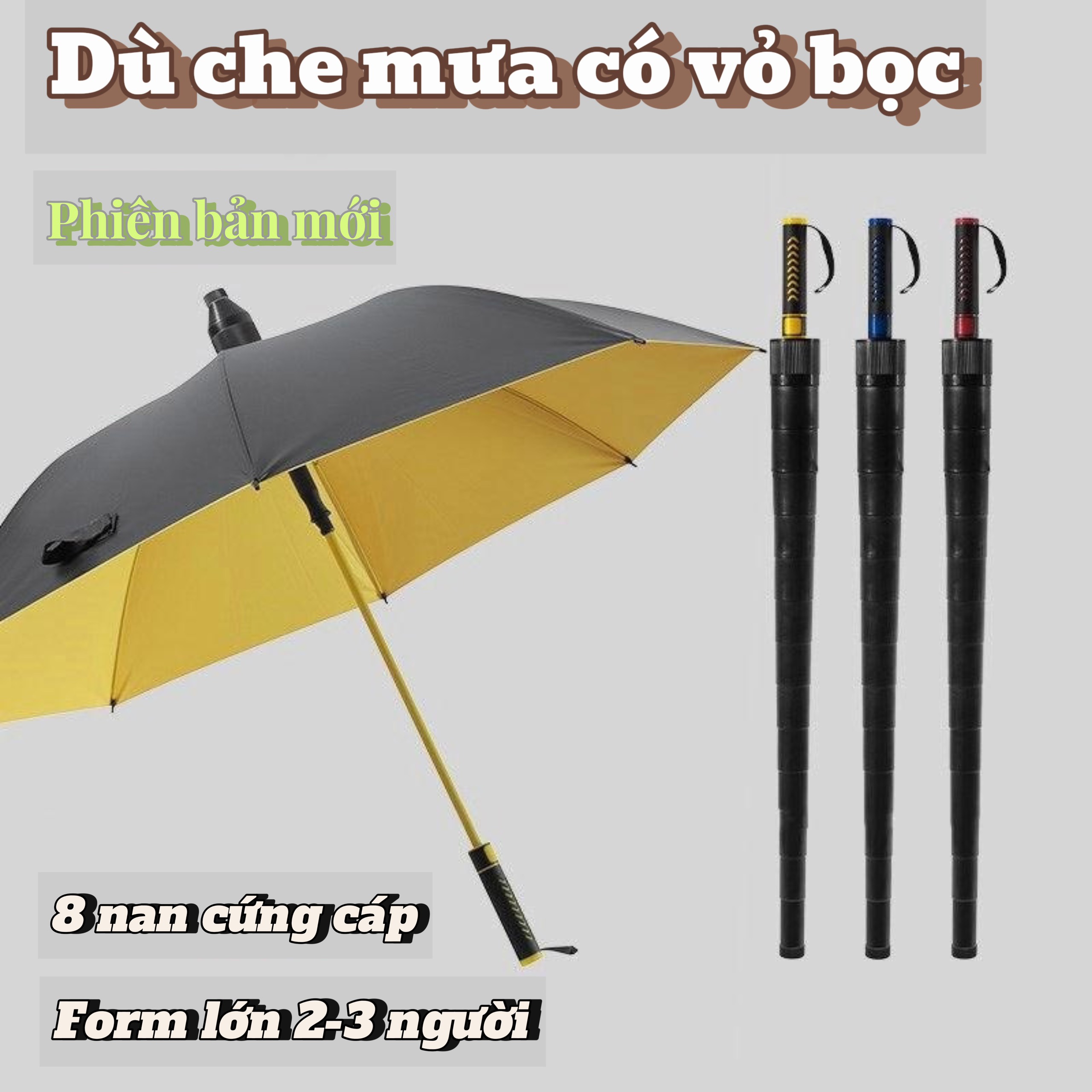 Ô Dù Che Mưa, Che Nắng Chống Tia UV Cỡ Lớn 2 Lớp Nan To Cán Dài VỎ RÚT Chống Gỉ Thiết Kế Thông Minh 