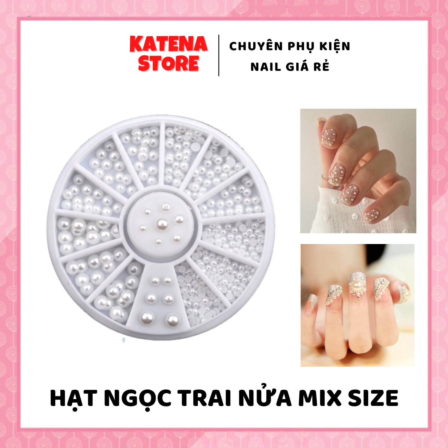 Hạt ngọc trai nửa nhựa, khay hạt trai nửa mix size 12 ngăn trang trí móng chuyên dụng
