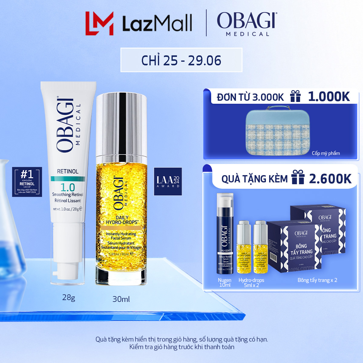 Bộ đôi dưỡng da Kem Chống Lão Hóa  Tái Tạo Da Obagi Retinol 1.0 28g và Serum Cấp nước Dưỡng ẩm Hydro Drops 30ml