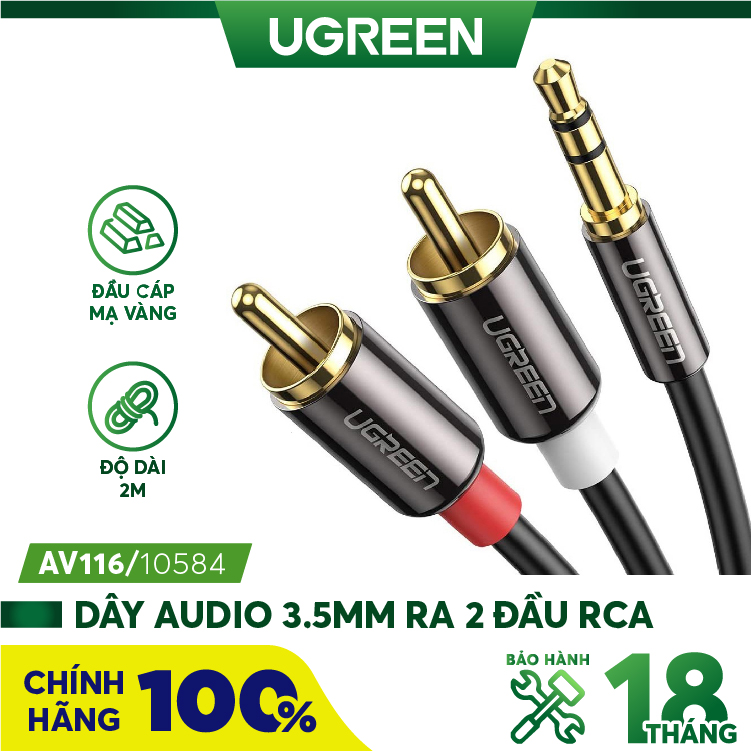 Cáp audio 3,5mm ra 2 đầu rca dài 2m ugreen 10584 chính hãng