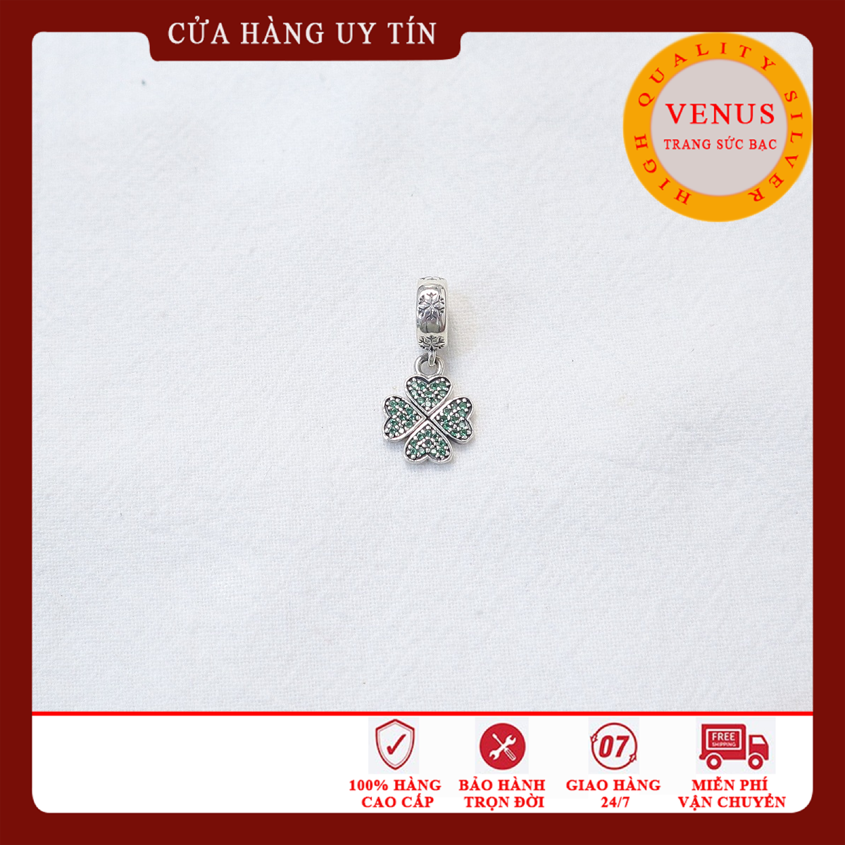 Chạm bạc cao cấp-Treo cỏ 4 lá xanh lá