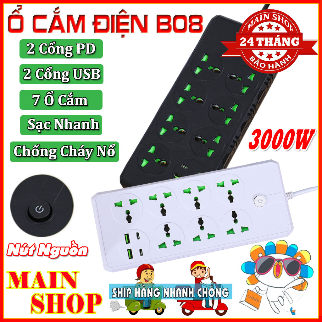 Ổ cắm điện đa năng thông minh power socket b08, ổ cắm điện chịu tải cao 3000w, 2 ổ cắm điện usb 5 phích cắm điện, dây nối dài 2m, an toàn tuyệt đối với trẻ nhỏ, bảo hành 24 tháng
