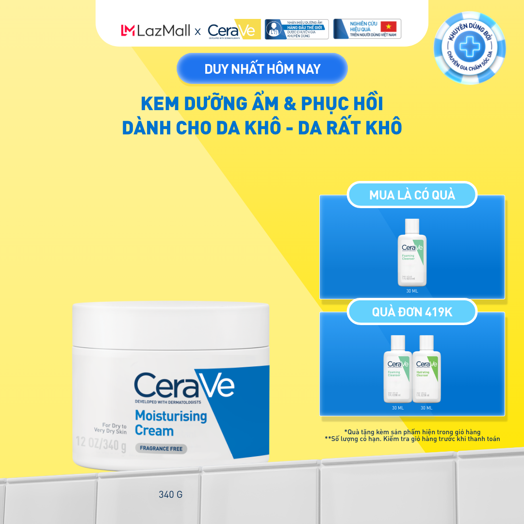 Kem dưỡng ẩm phục hồi sâu và ẩm mịn suốt 48H dành cho da khô, duy trì hàng rào bảo vệ da CERAVE MOISTURISING CREAM 340G