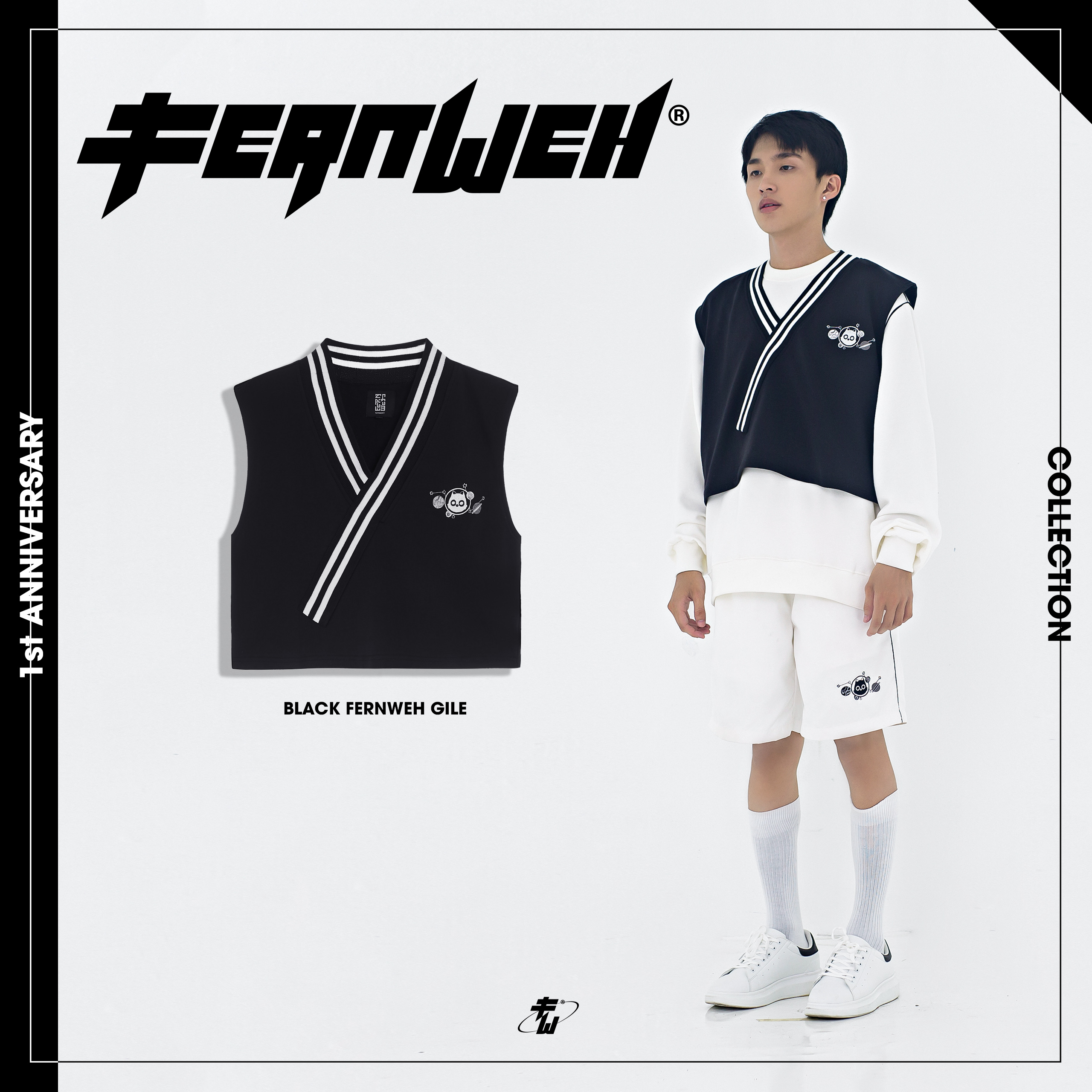 Áo khoác gile Anniversary Fernweh màu đen cộc tay streetstyle