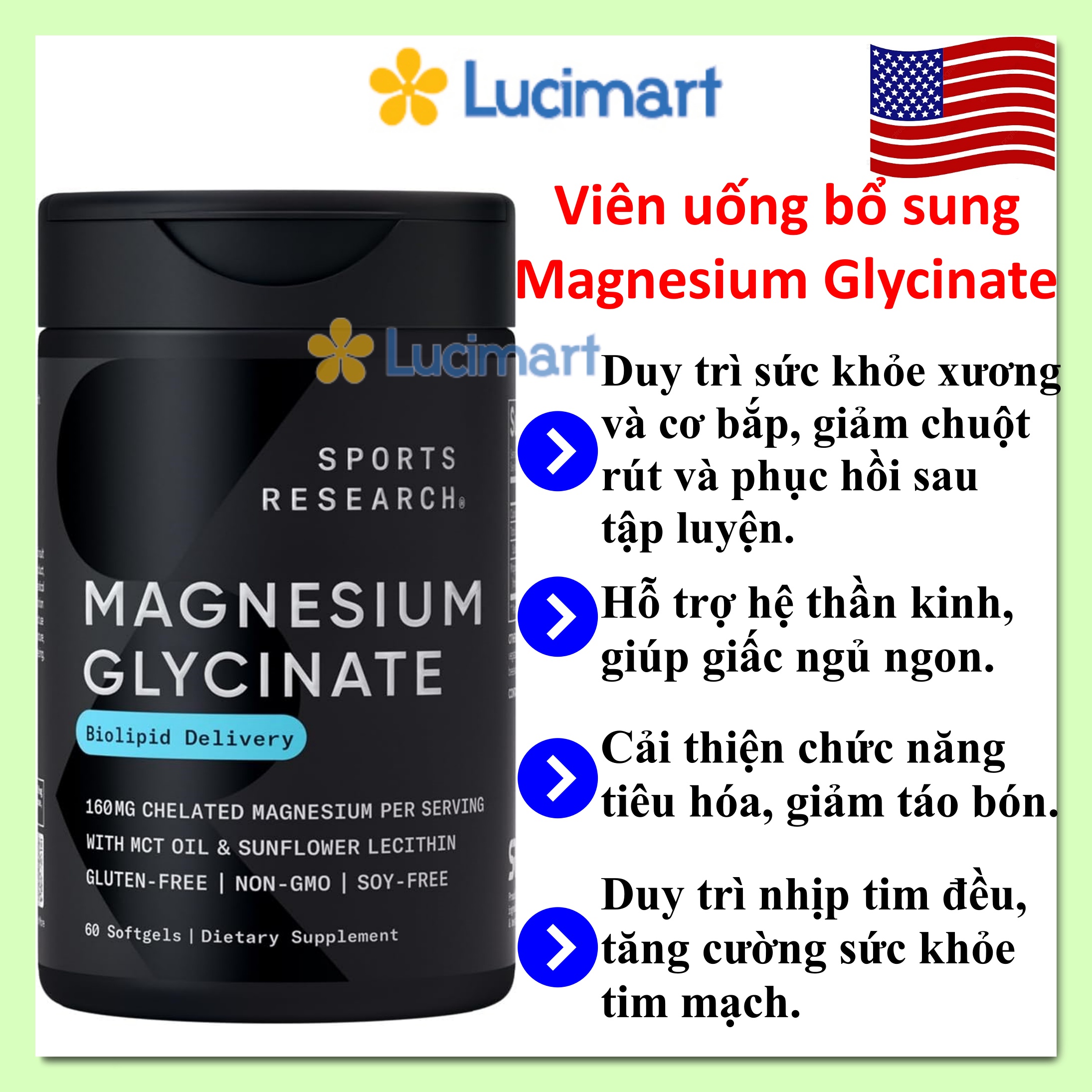 Viên uống bổ sung Magie Magnesium Glycinate Sports Research hũ 60 viên / 120 viên [Hàng Mỹ]