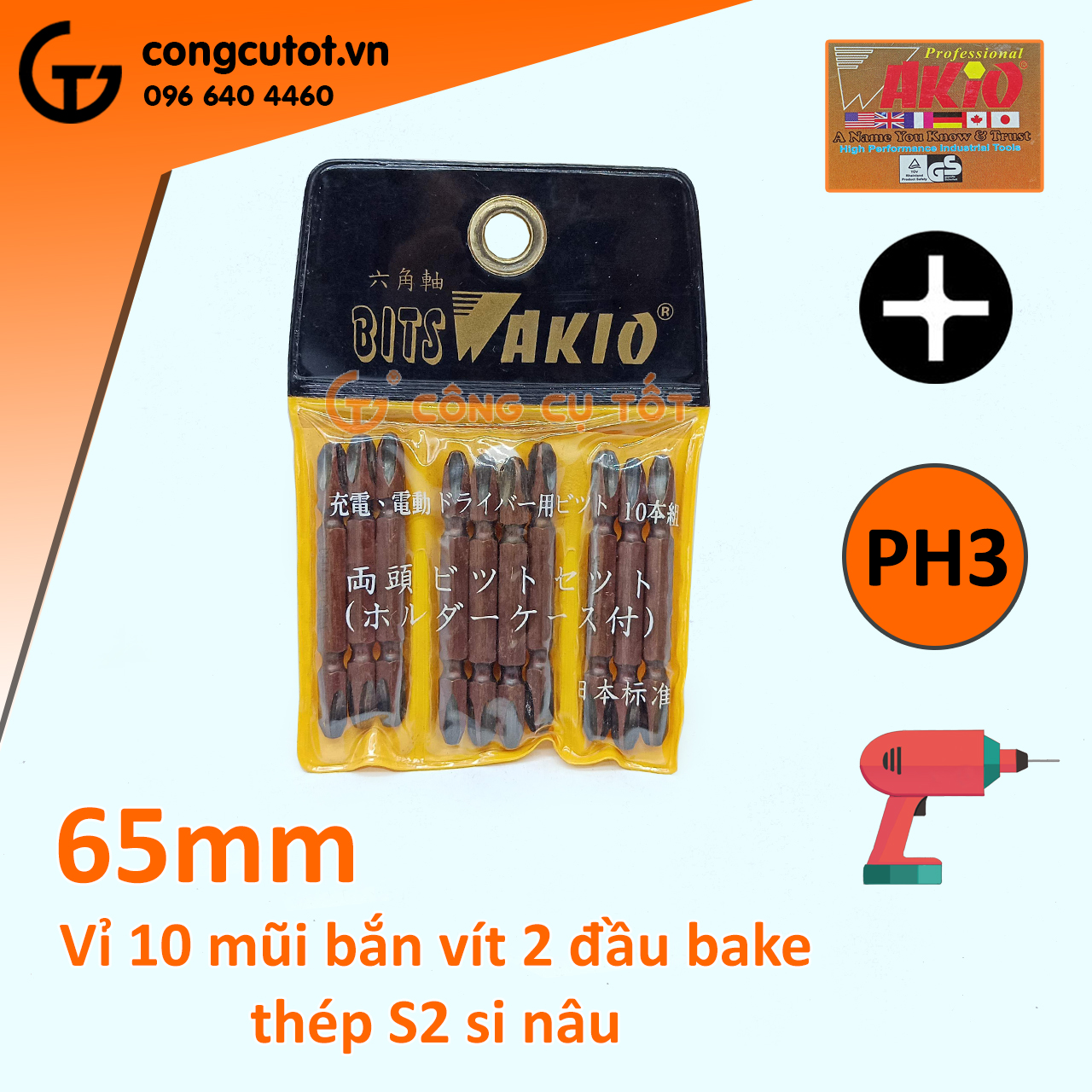 Vỉ 10 mũi bắt vít 2 đầu PH3 Wakio 65mm