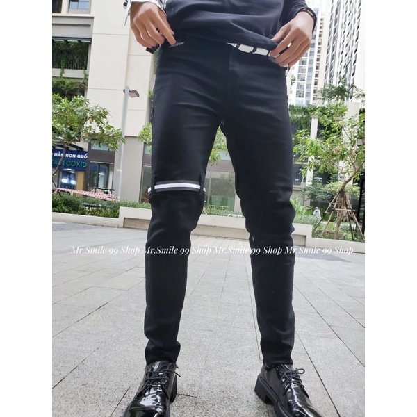 Quần jean nam 2080 đen basic phối bo đùi form skinny fit co giãn mr smile 99 shop