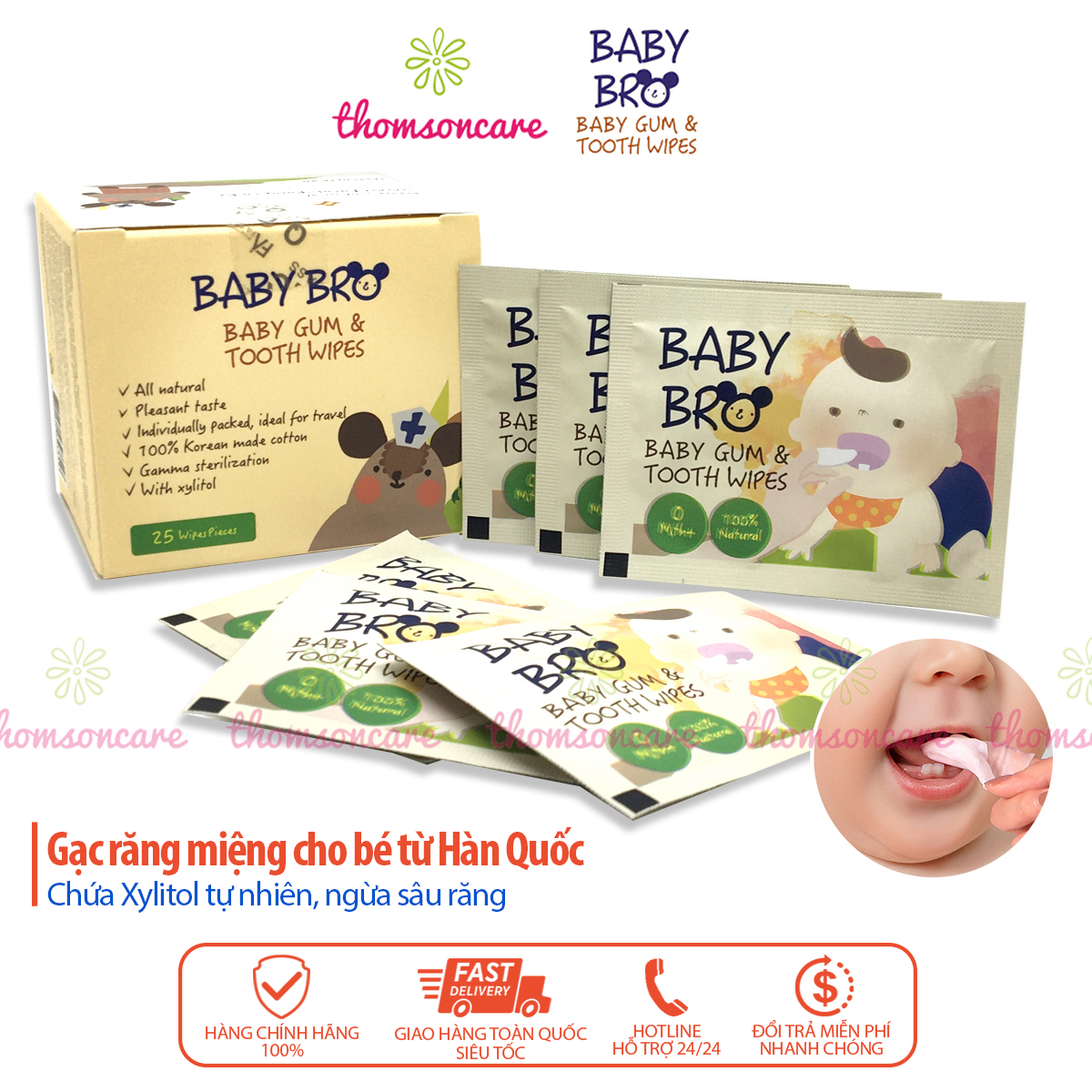 Gạc rơ lưỡi Baby Bro - Nhập khẩu Hàn Quốc - Baby Pro vệ sinh răng miệng cho bé, hộp 25 gói BabyBro
