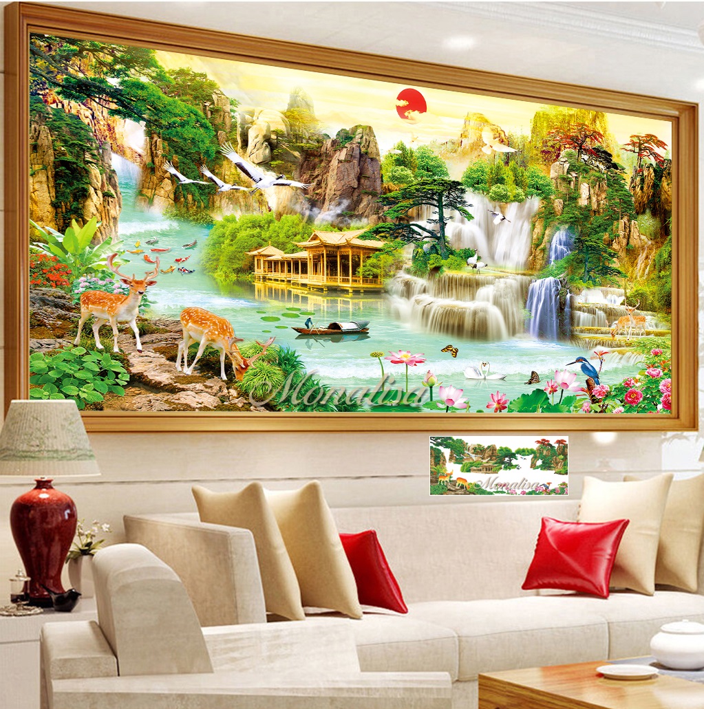 Tranh đính đá phong cảnh lưu thủy sinh tài lộc 200x95cm, 160x75cm