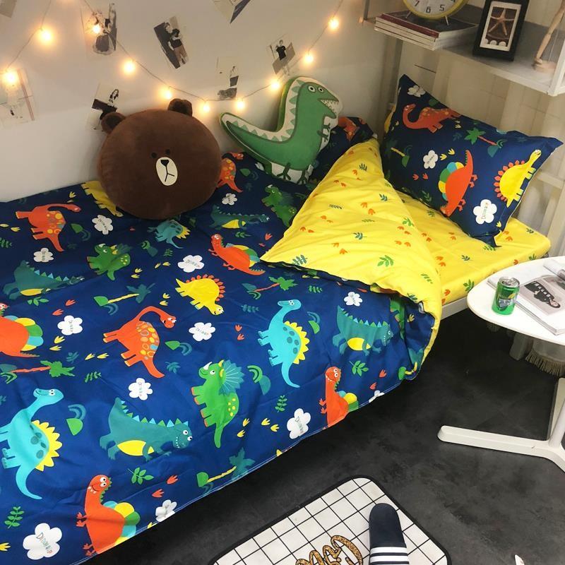 Bộ 4 món ga gối, bộ ga chun vỏ gối kèm vỏ gối ôm KHỦNG LONG XANH m6x2m và m8 x 2m