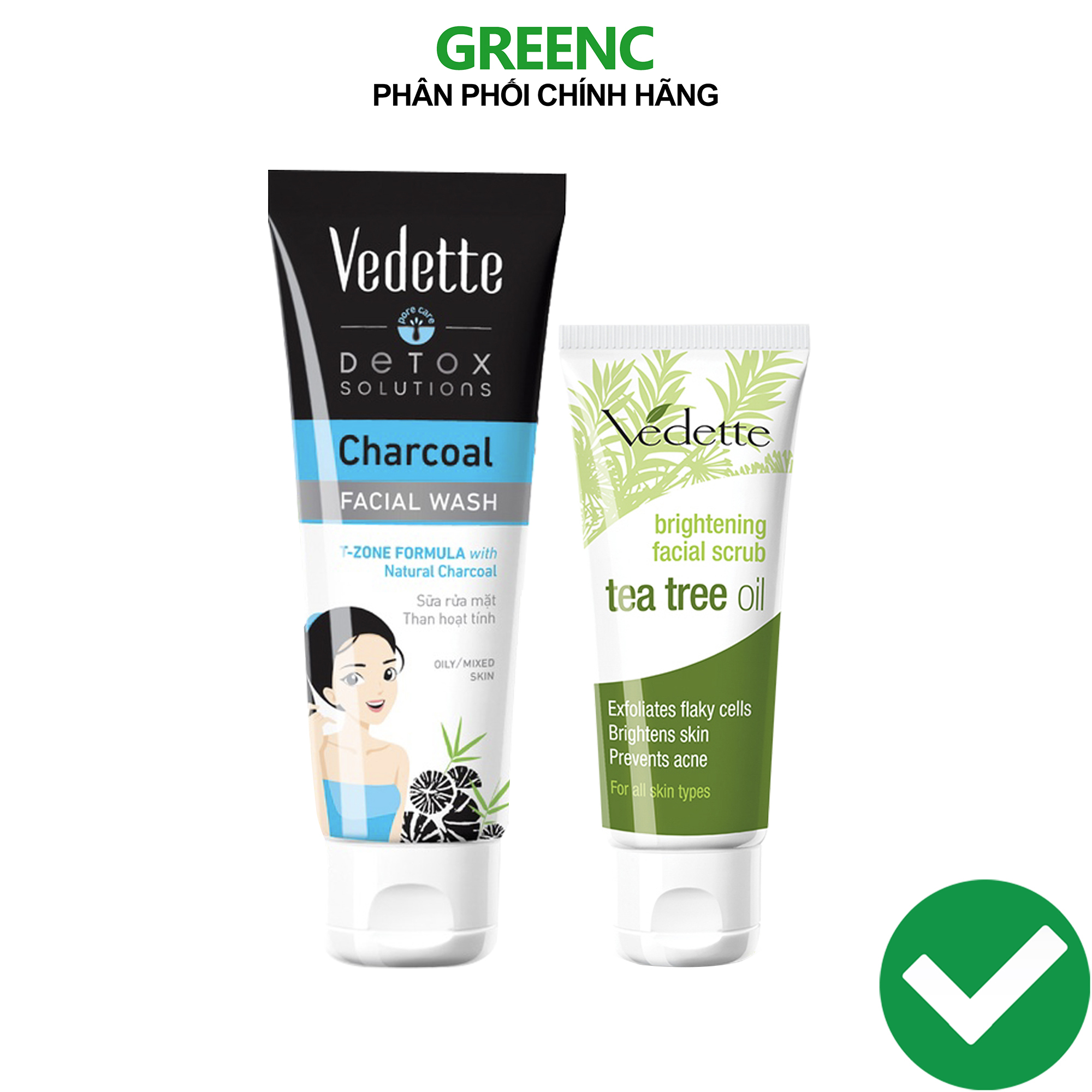 Combo sữa rửa mặt than hoạt tính + sữa tẩy tế bào chết giúp sáng da ngừa mụn Vedette
