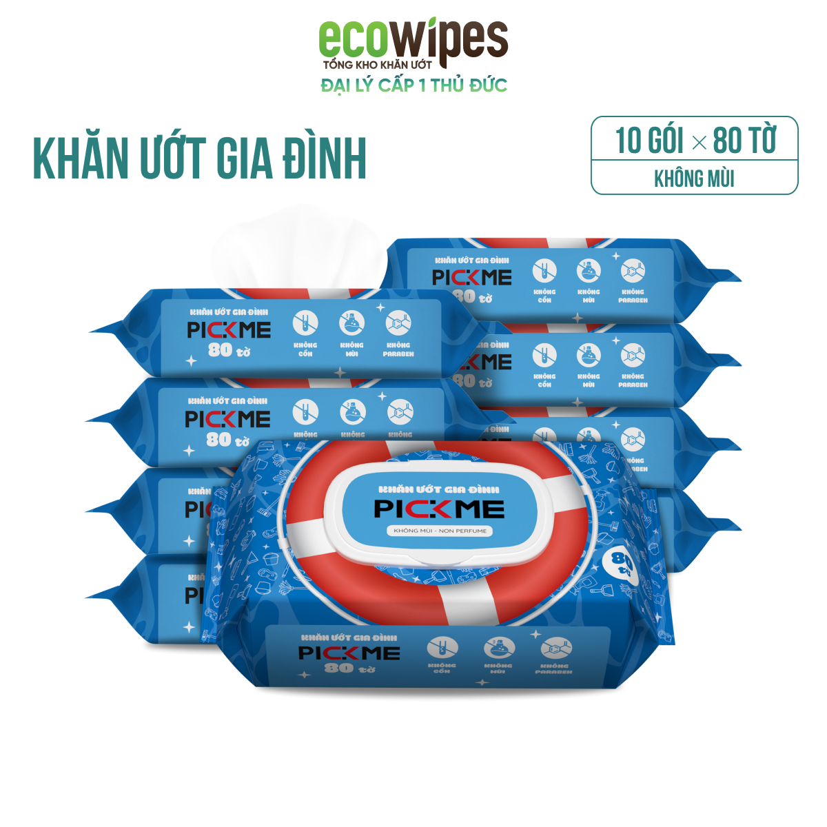 KHO THỦ ĐỨC_ Thùng 10 gói khăn ướt Pickme gia đình gói 80 tờ không mùi siêu tiết kiệm