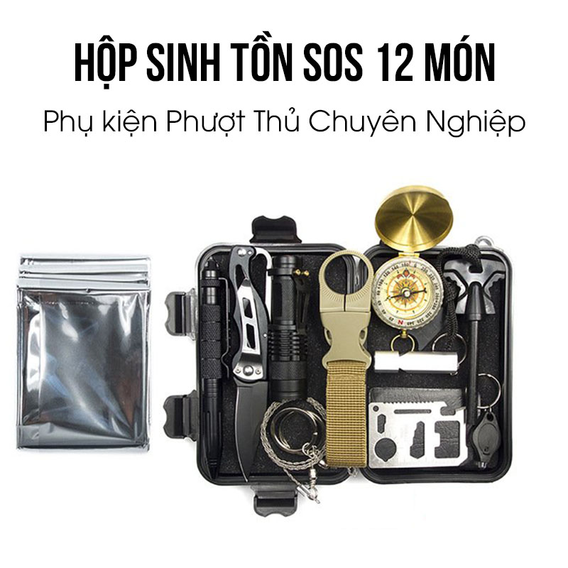 Bộ Sinh Tồn - Hộp Sinh Tồn SOS Cao Cấp 12 Món Phụ Kiện Phượt Thủ Chuyên Nghiệp - Đồ Dùng Đi Phượt  Có Kèm Dây Cưa