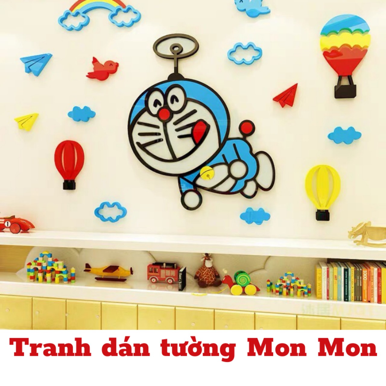 Tranh dán tường Mon Mon - Decal mica 3D doremon bay đáng yêu, tranh doremon trang trí phòng bé