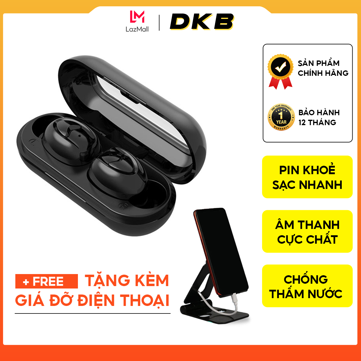 Tai nghe không dây bluetooth nhét tai tích hợp nghe gọi,kết nối các dòng điện thoại chính hãng DKB tặng kèm giá đỡ điện thoại
