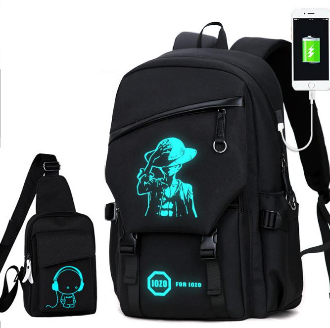 Balo Phát Sáng Tặng Ví Mắt, Tai Nghe, Cáp Sạc USB, Khóa Chống Trộm + Túi đeo chéo dạ quang hình cậu bé nghe nhạc siêu đẹp - BL19+T63