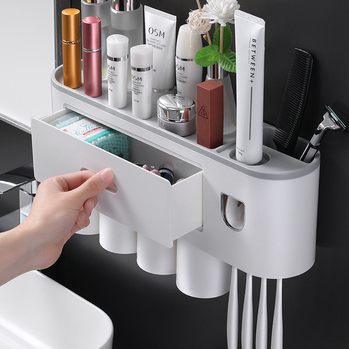 Bộ nhả kem đánh răng OENON tự động 4 cốc dính tường, kệ để bàn chải kem đánh răng đồ dùng phòng tắm