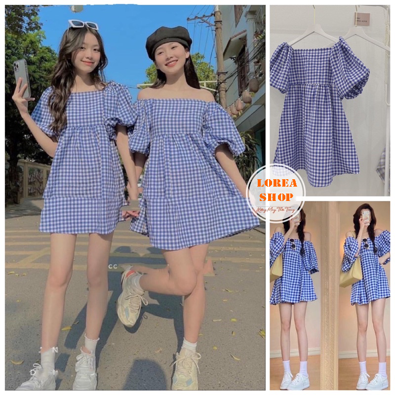 Đầm babydoll váy trễ vai mặc 2 kiểu kẻ caro xanh tay bồng dáng xoè